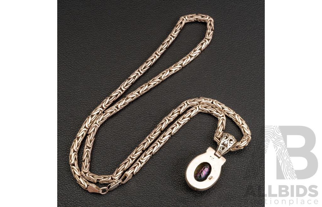 Ornate Sterling Silver Necklace with Mystic Topaz Pendant, 55cm, 57.12 Grams