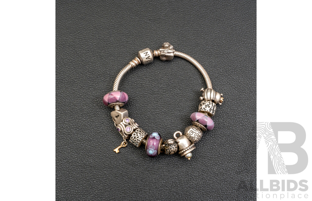 Pandora Sterling Silver Snake Chain Bracelet with (12) Pandora Charms, 17cm, 54.64 Grams