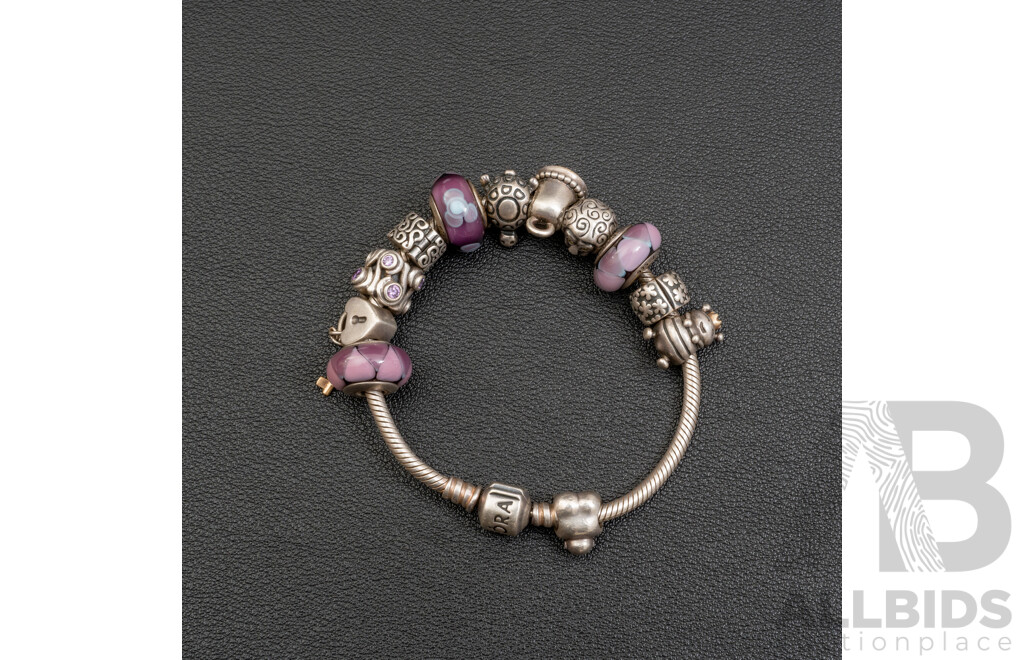 Pandora Sterling Silver Snake Chain Bracelet with (12) Pandora Charms, 17cm, 54.64 Grams