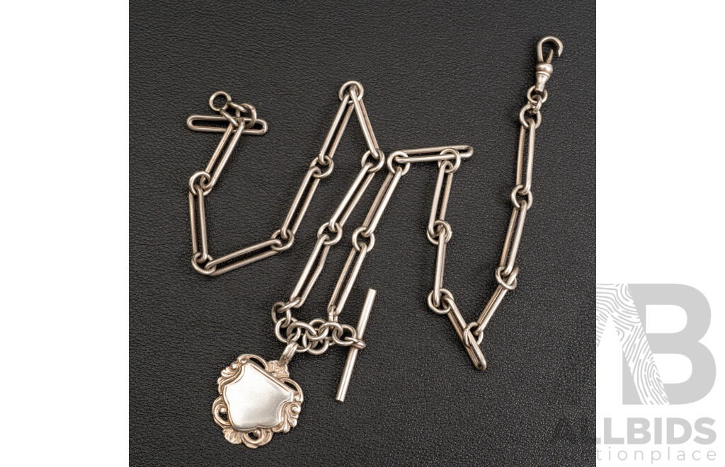 Vintage Sterling Silver Fob Chain Necklace with Albert Clasp & Medallion Pendant, 50cm, 41.03 Grams