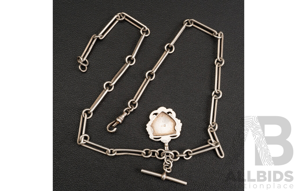 Vintage Sterling Silver Fob Chain Necklace with Albert Clasp & Medallion Pendant, 50cm, 41.03 Grams