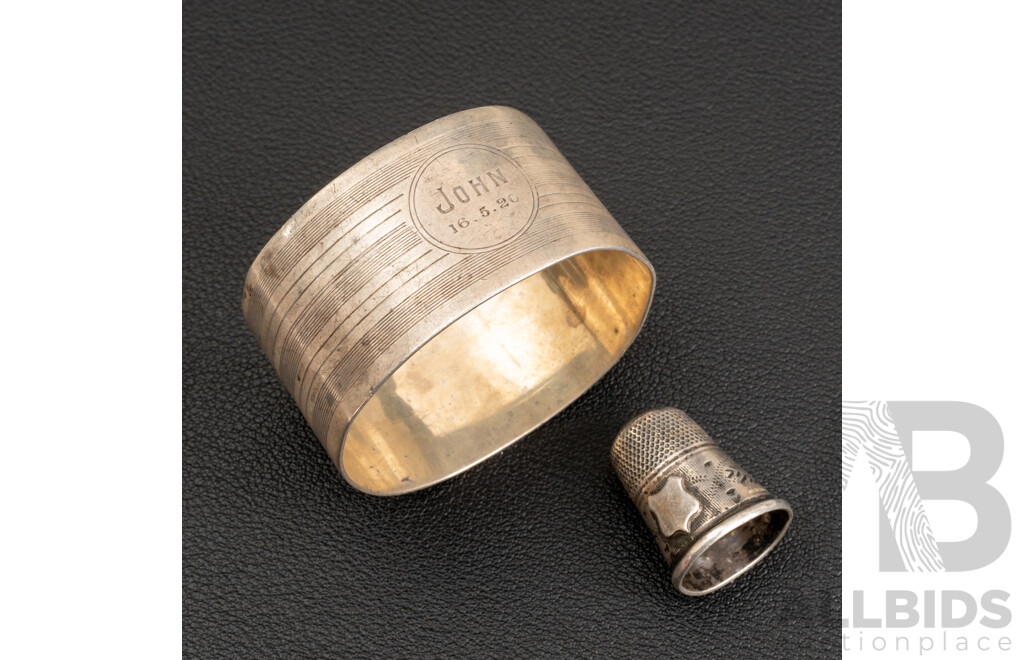 Petite Sterling Silver Antique Thimble & Antique Sterling Silver Napkin Ring, Birmingham 1917, 20.94 Grams