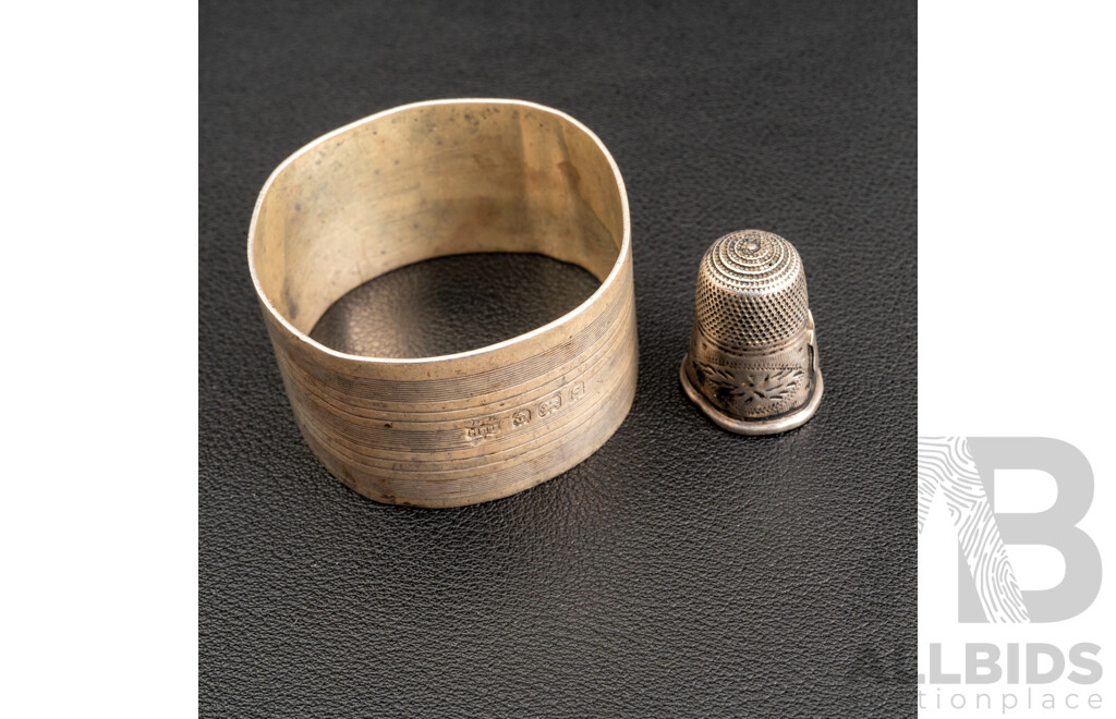 Petite Sterling Silver Antique Thimble & Antique Sterling Silver Napkin Ring, Birmingham 1917, 20.94 Grams
