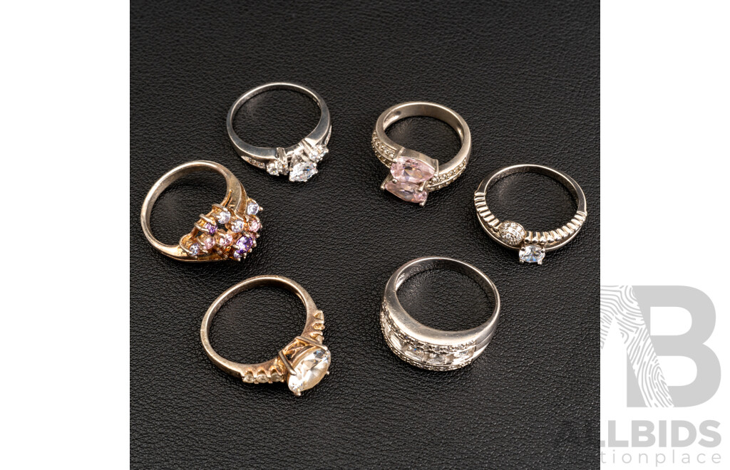 Collection of (6) Sterling Silver Cz Rings, Sizes M/P/Q/R/S, 26.92 Grams
