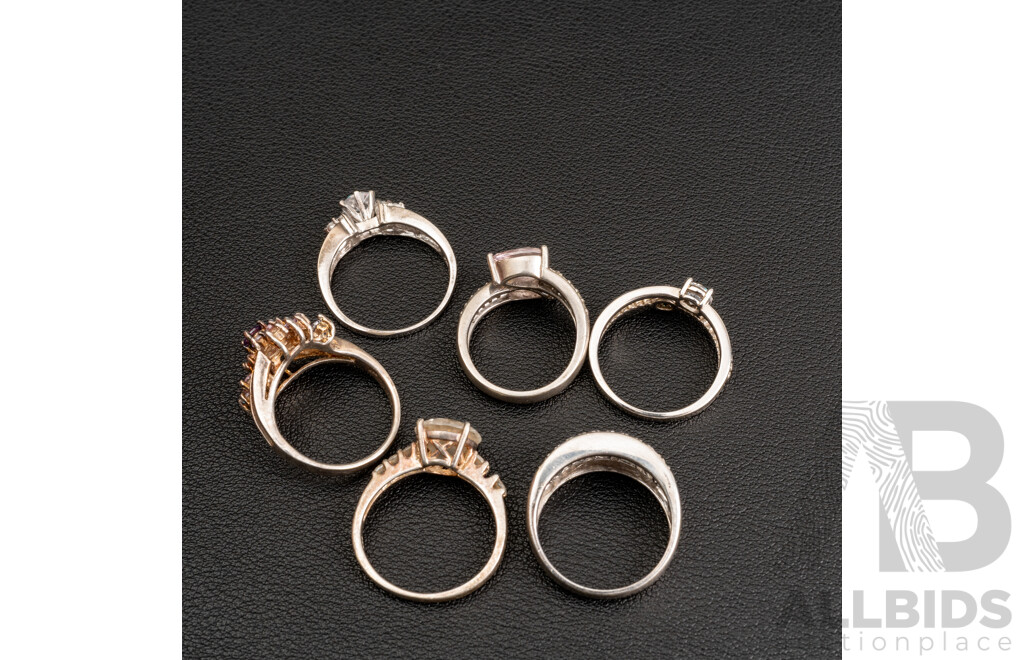 Collection of (6) Sterling Silver Cz Rings, Sizes M/P/Q/R/S, 26.92 Grams