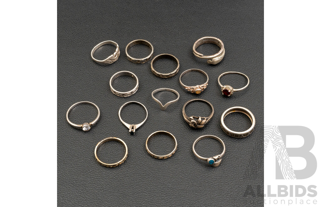 Vintage Collection of (15) Sterling Silver Rings, Including Plain & Gemset, Size I-Q, 29.17 Grams
