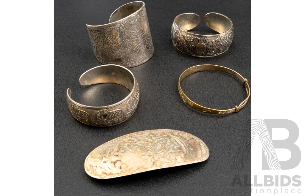 Vintage (4) Cuff Bangles & Vintage Hair Clip, Silver Tone & (500) Silver, 168 Grams