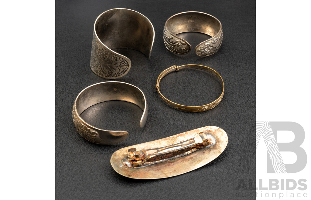 Vintage (4) Cuff Bangles & Vintage Hair Clip, Silver Tone & (500) Silver, 168 Grams
