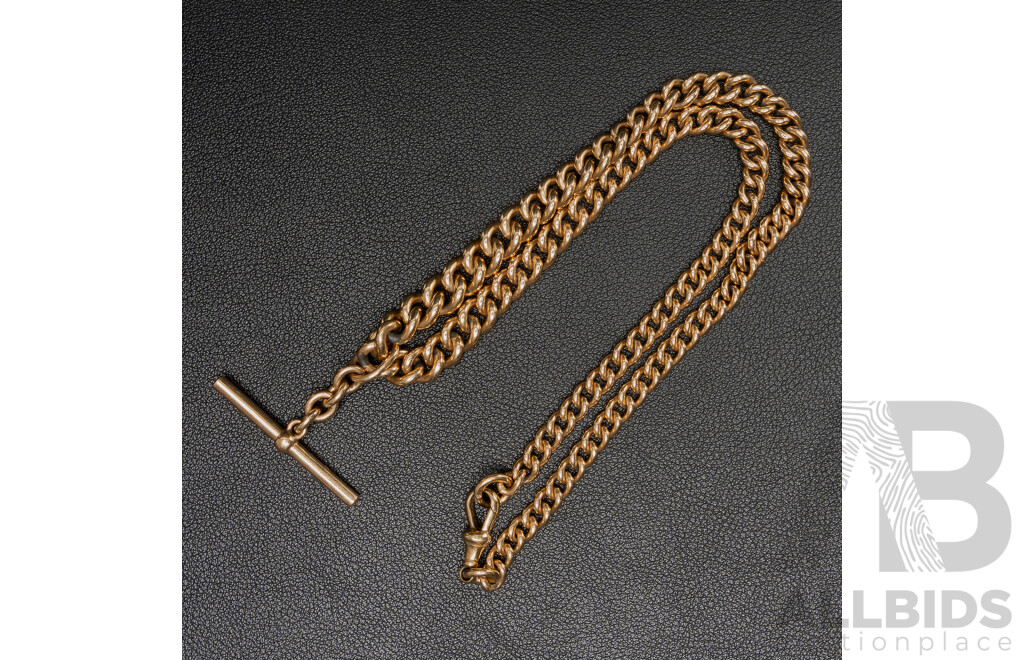 9ct Vintage Graduated Curb Link Fob Chain with Albert Clasp & T-Bar Pendant, 45cm, 66.26 Grams