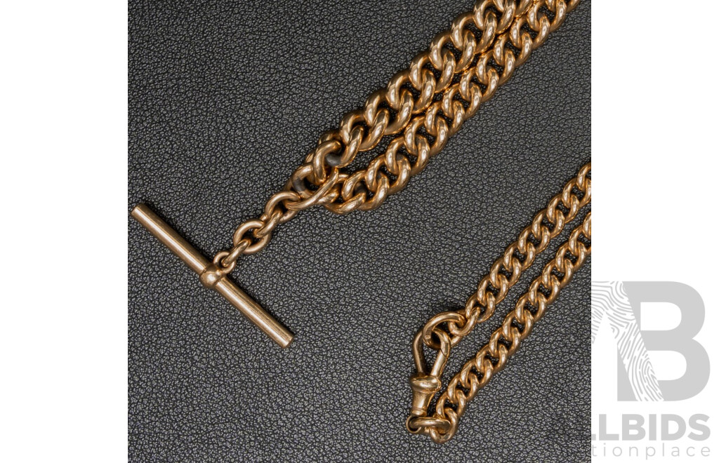 9ct Vintage Graduated Curb Link Fob Chain with Albert Clasp & T-Bar Pendant, 45cm, 66.26 Grams