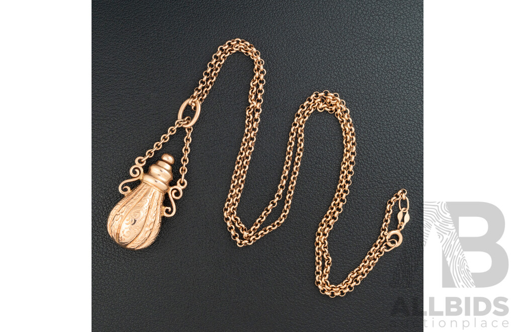 9ct Rose Gold Perfume/Snuff Bottle Pendant 50mm, on 9ct Belcher Link Necklace, 56cm, 16.73 Grams