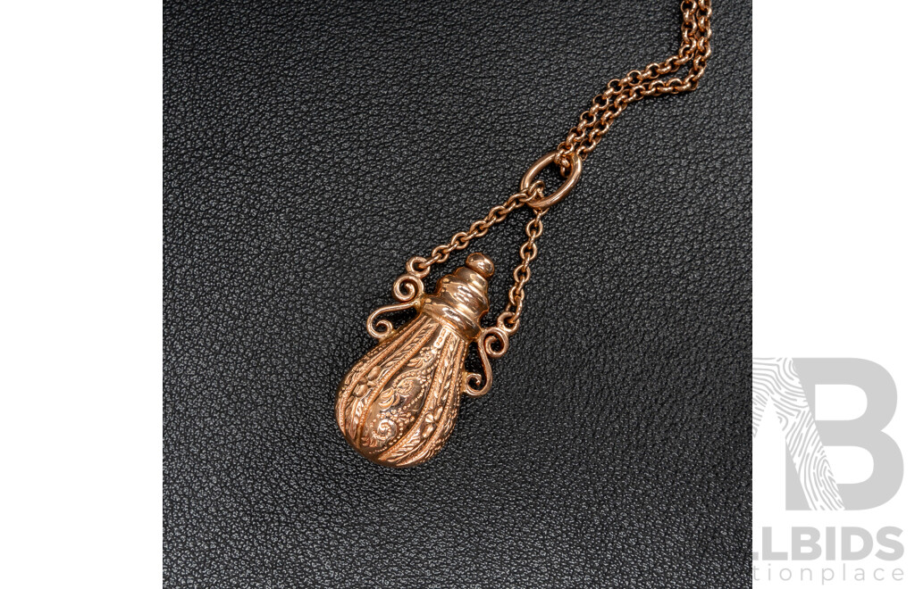 9ct Rose Gold Perfume/Snuff Bottle Pendant 50mm, on 9ct Belcher Link Necklace, 56cm, 16.73 Grams