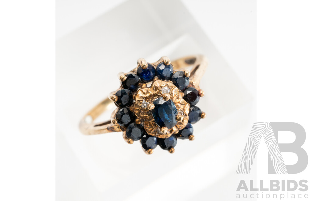 9ct Vintage Sapphire & Diamond Cluster Ring, TDW 0.02ct, Size O, 2.44 Grams