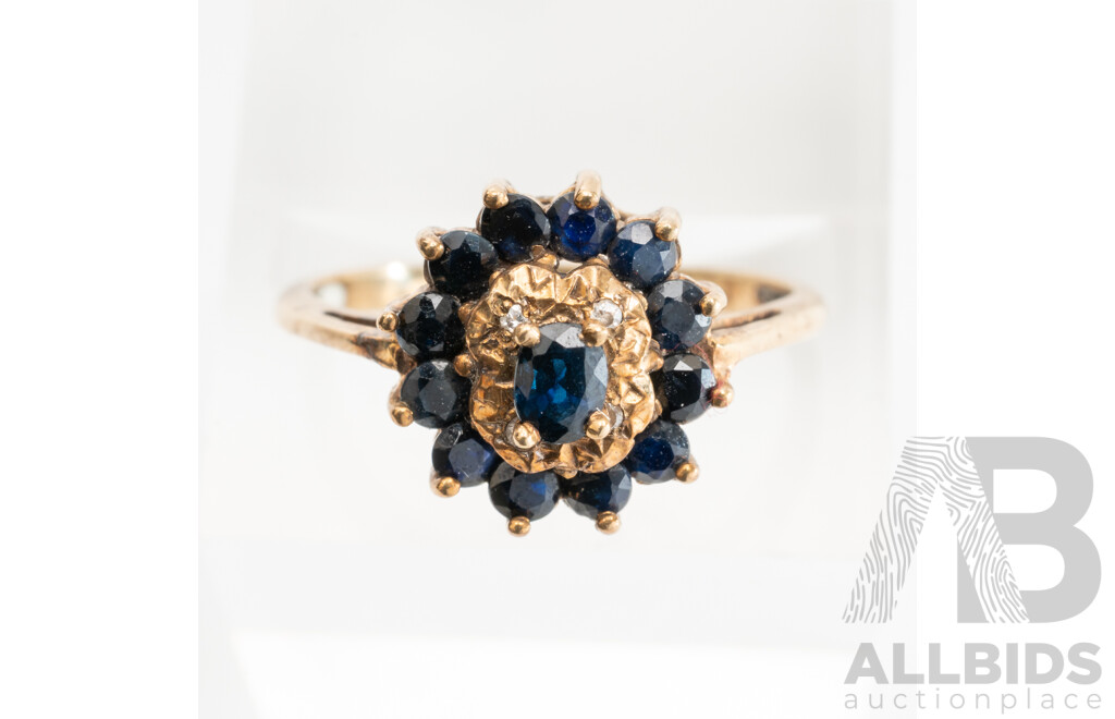 9ct Vintage Sapphire & Diamond Cluster Ring, TDW 0.02ct, Size O, 2.44 Grams