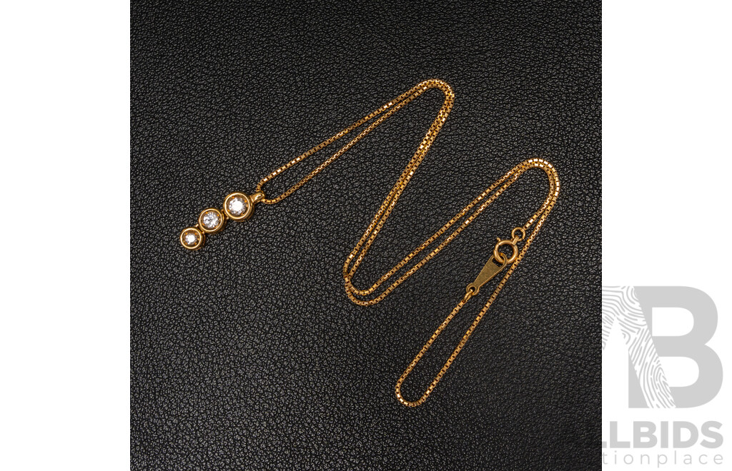18ct 0.30ct Diamond Three Stone Pendant and 18ct Box Link Chain, 40cm, 4.79 Grams