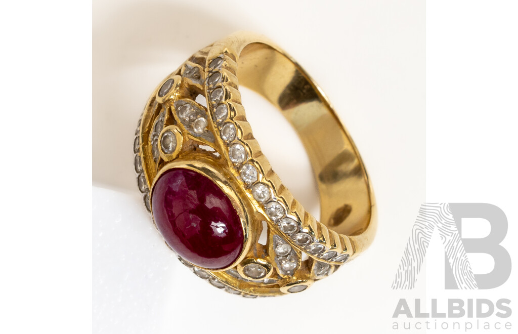 18ct Ruby Cabochon & Diamond Ring, R 2.43ct/TDW 0.50ct, Size N, 8.26 Grams