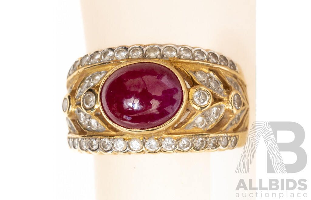18ct Ruby Cabochon & Diamond Ring, R 2.43ct/TDW 0.50ct, Size N, 8.26 Grams