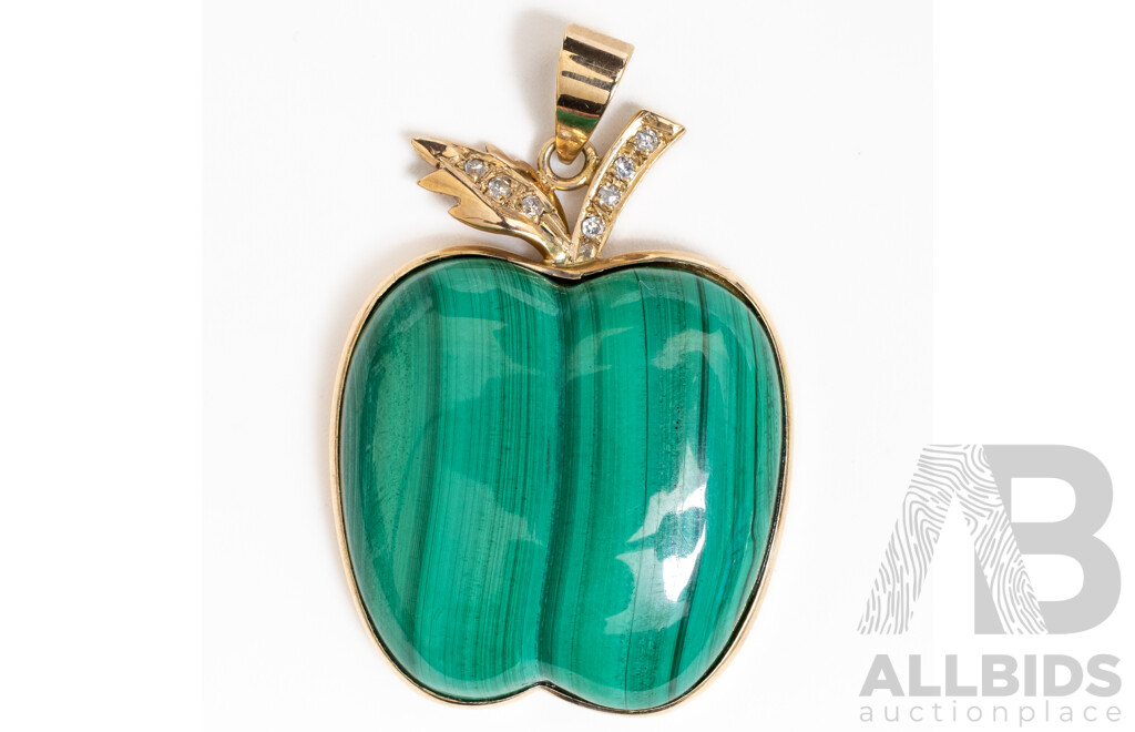 9ct Malachite & Diamond Apple Pendant, TDW 0.10ct, 38mm Long, 12.95 Grams