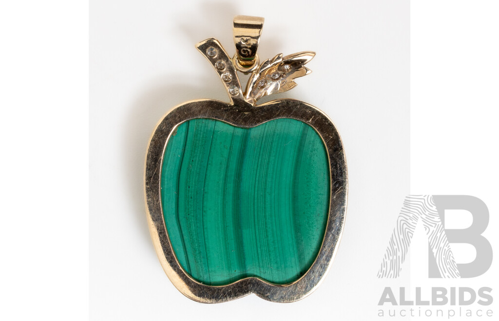 9ct Malachite & Diamond Apple Pendant, TDW 0.10ct, 38mm Long, 12.95 Grams