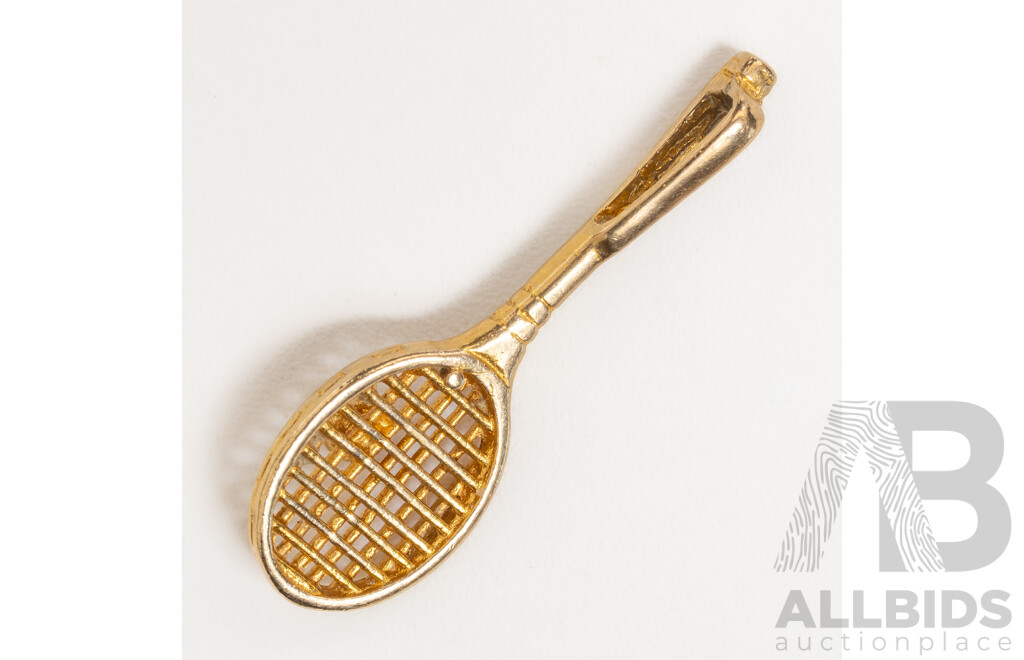 9ct Vintage Tennis Racket & Ball Slider Pendant, 23mm, 0.72 Grams
