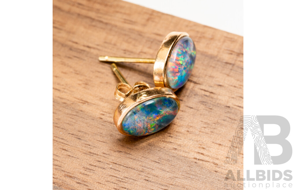 9ct Opal Triplet Stud Earrings, 9mm X 7mm, 1.41 Grams