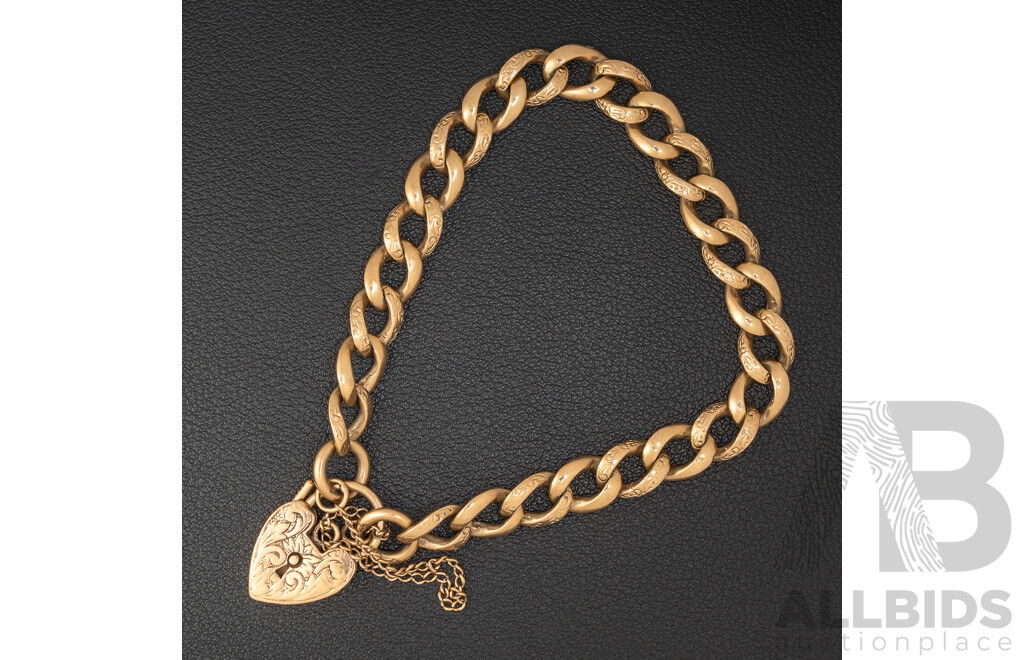 9ct Vintage Patterned Curb Link Bracelet with Heart Shaped Padlock Clasp & Safety Chain, 20cm, 27.42 Grams