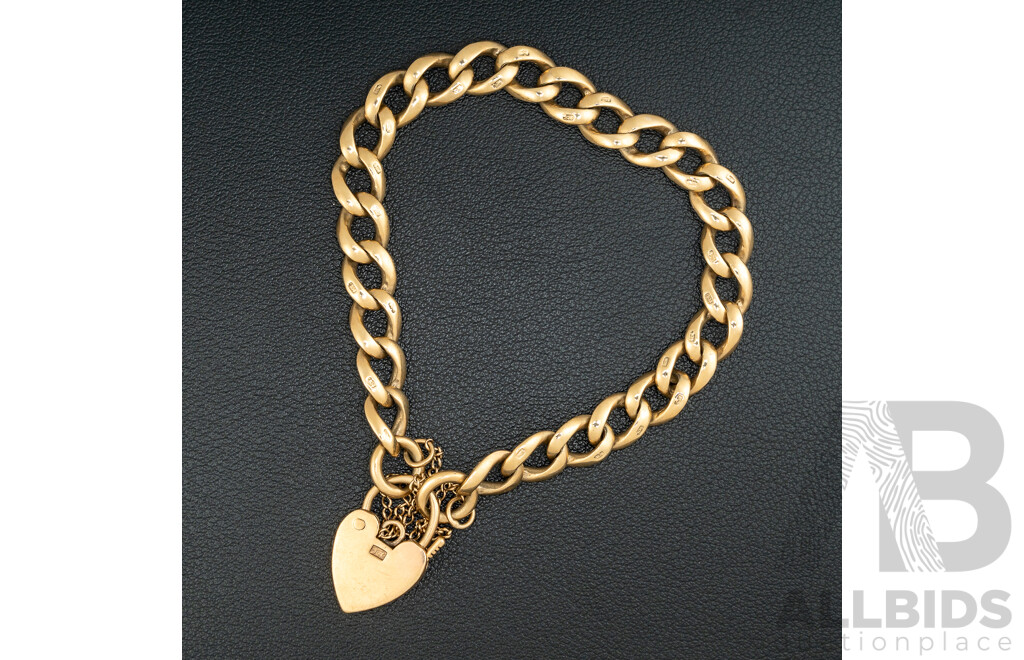 9ct Vintage Patterned Curb Link Bracelet with Heart Shaped Padlock Clasp & Safety Chain, 20cm, 27.42 Grams