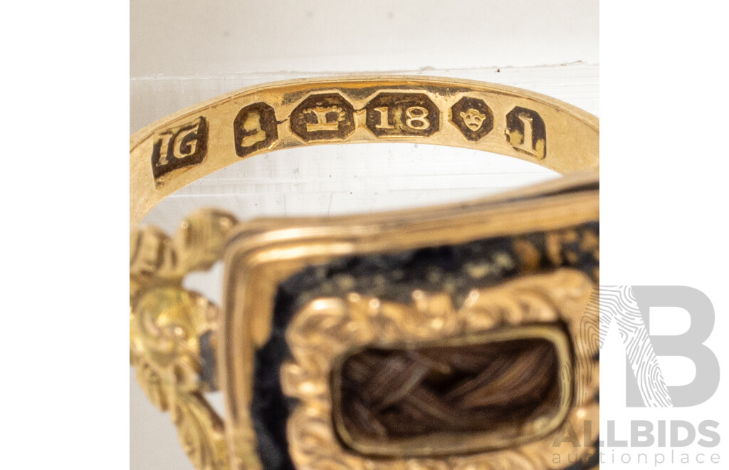18ct Antique Georgian Hair Locket Black Enamel Mourning Ring, London 1826, Size L, 2.79 Grams