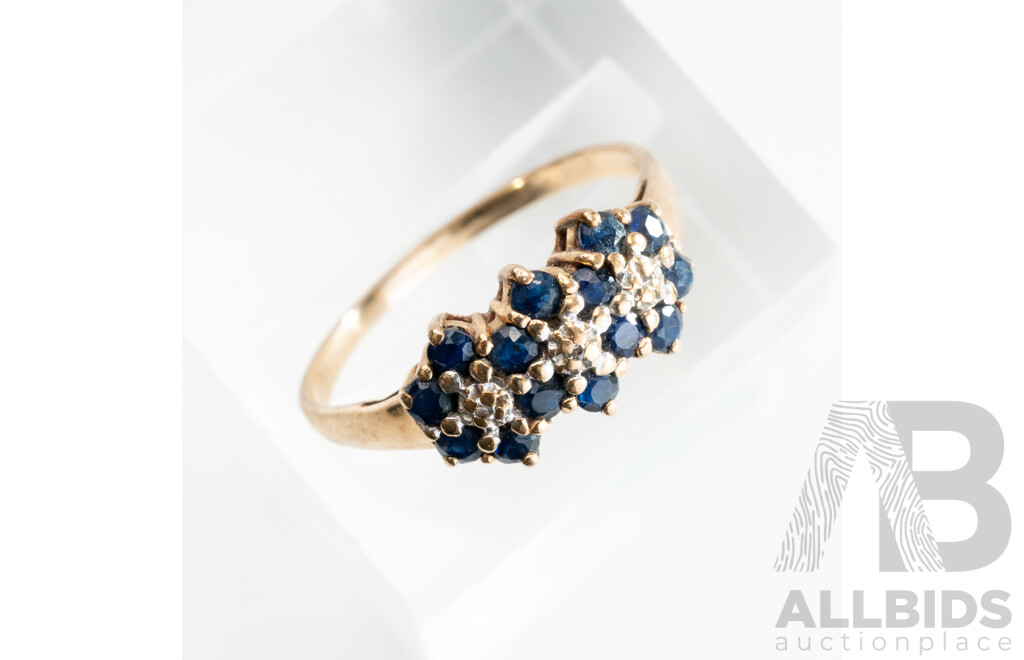 9ct Vintage Sapphire & Diamond Daisy Cluster Ring, Size O, 1.93 Grams