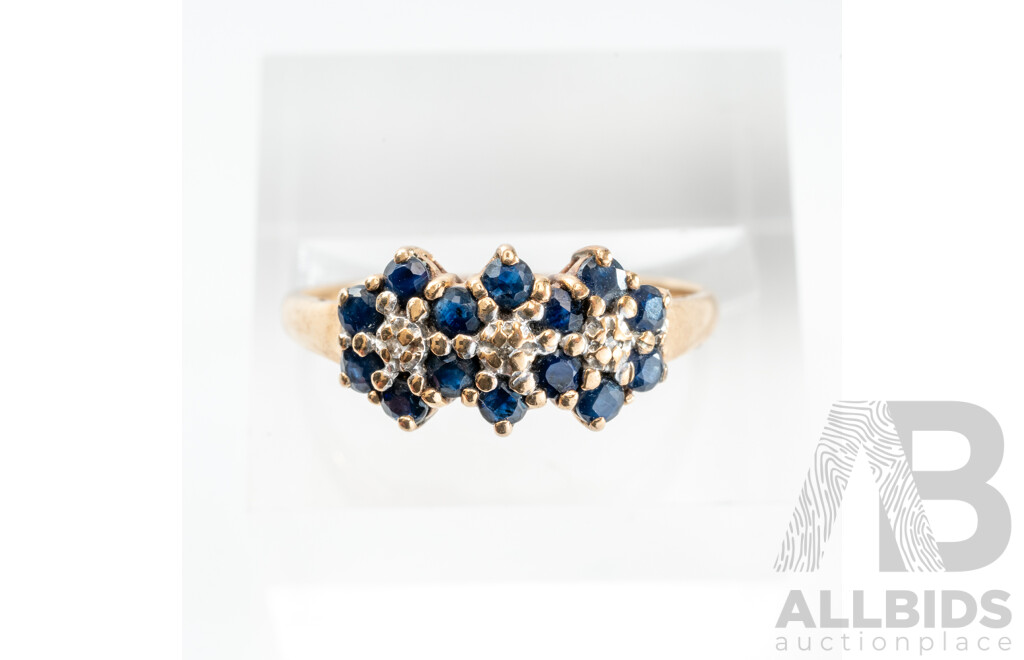 9ct Vintage Sapphire & Diamond Daisy Cluster Ring, Size O, 1.93 Grams