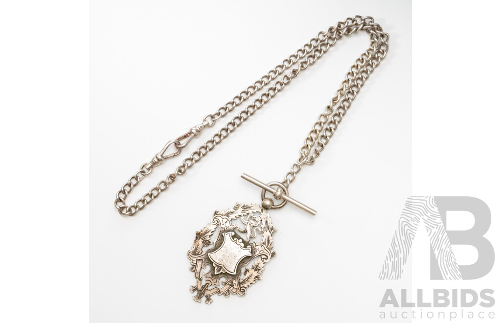 Antique Sterling Silver Pierced Medallion/pendant, Hallmarked Glasgow 1891 & 925 Fob Chain Double Albert Swivel Clasps, 44cm, 37.53 Grams