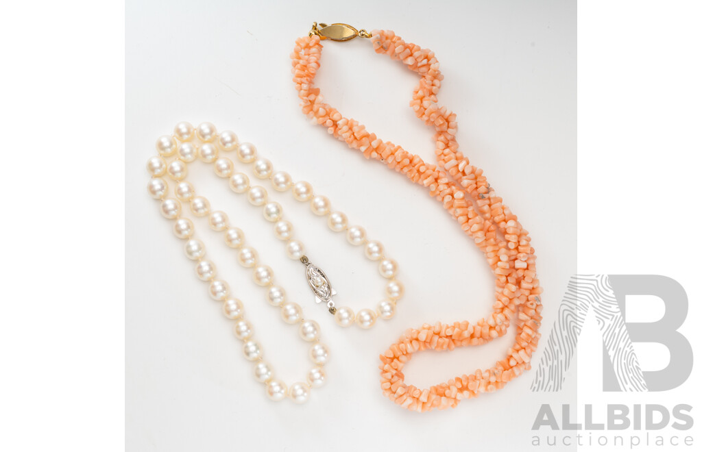 Sterling Silver Vintage Cultured Pearl Necklace and Vintage Coral Beaded Twist Necklace