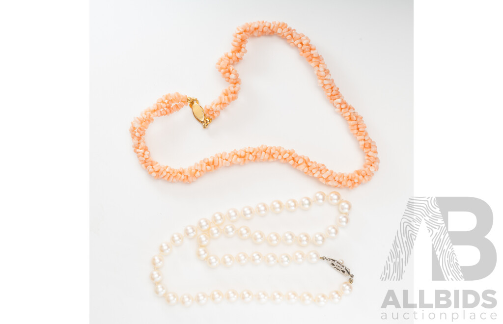 Sterling Silver Vintage Cultured Pearl Necklace and Vintage Coral Beaded Twist Necklace