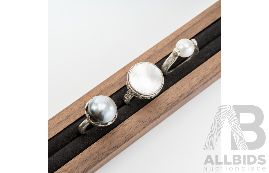 Sterling Silver Mabe Pearl Ring, Cultured Pearl Ring & Mother of Pearl Ring, 18.43 Grams
