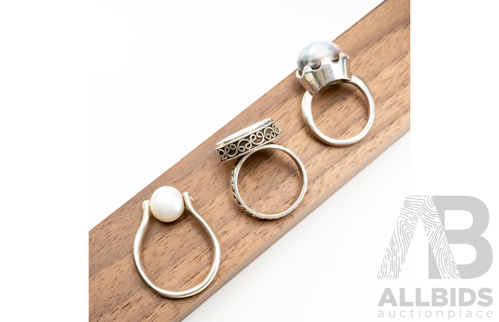 Sterling Silver Mabe Pearl Ring, Cultured Pearl Ring & Mother of Pearl Ring, 18.43 Grams