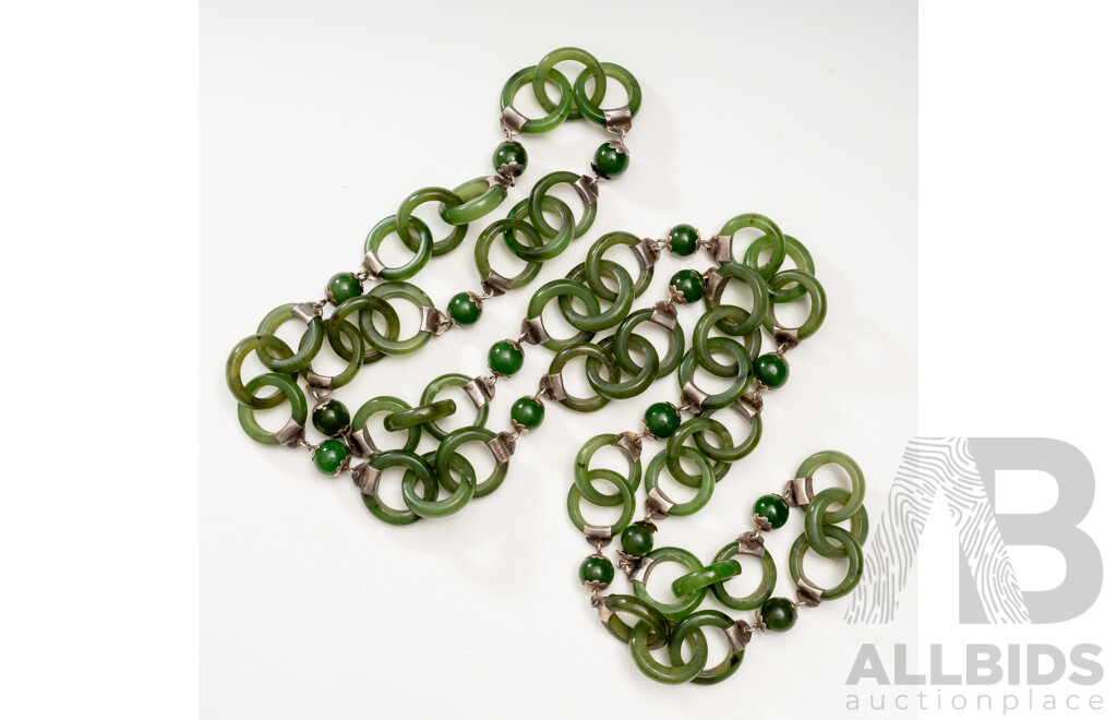 Vintage Jade Carved Interlinking Beaded Necklace with Silver Fittings, 75cm Long, 68.0 Grams