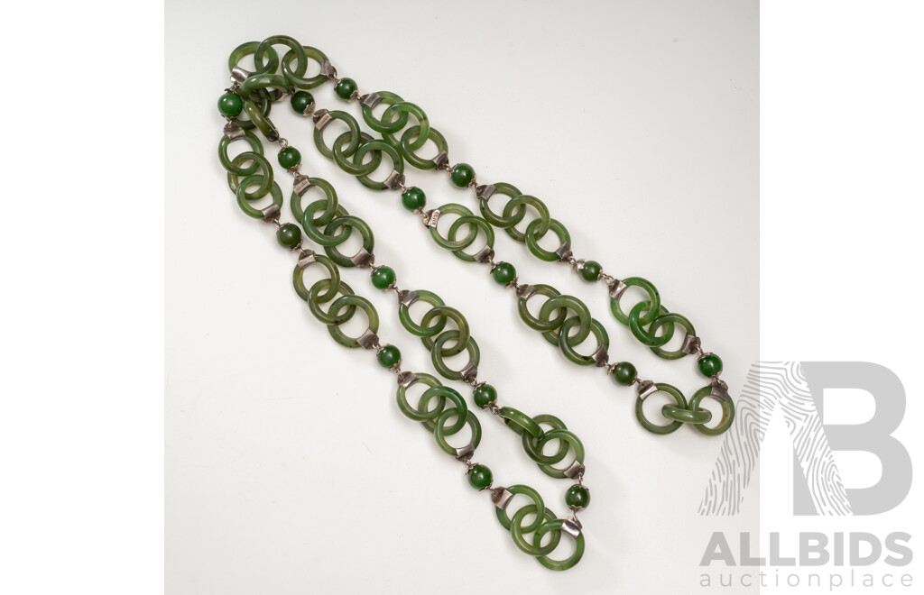 Vintage Jade Carved Interlinking Beaded Necklace with Silver Fittings, 75cm Long, 68.0 Grams