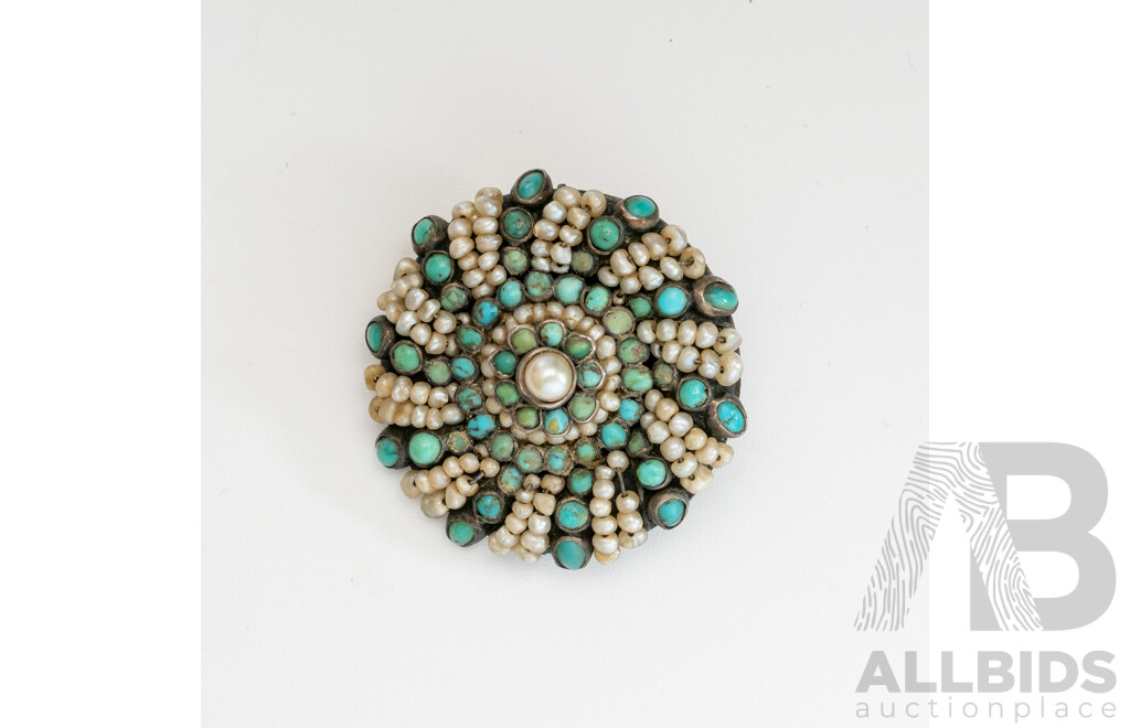 Stunning Antique Austro Hungarian Persian Turquoise & Seed Pearl Brooch, 800 Silver, 9.91 Grams