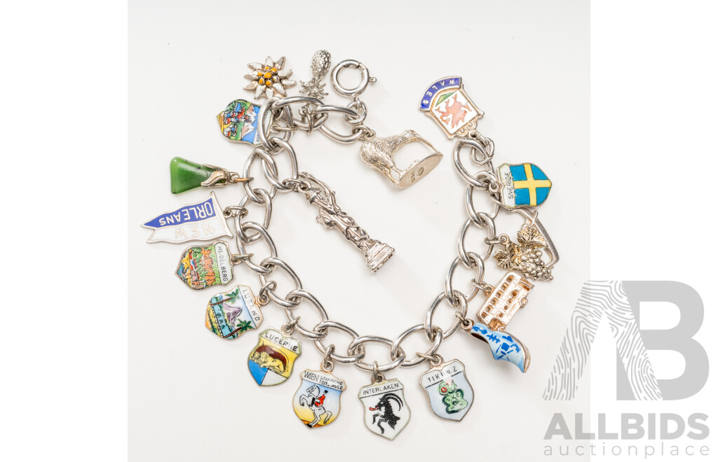 Vintage Sterling Silver Travel Themed Charm Bracelet with (20) Vintage Charms Including Enamel Finish, 38.52 Grams