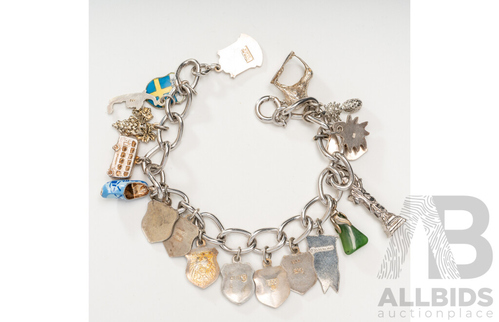 Vintage Sterling Silver Travel Themed Charm Bracelet with (20) Vintage Charms Including Enamel Finish, 38.52 Grams