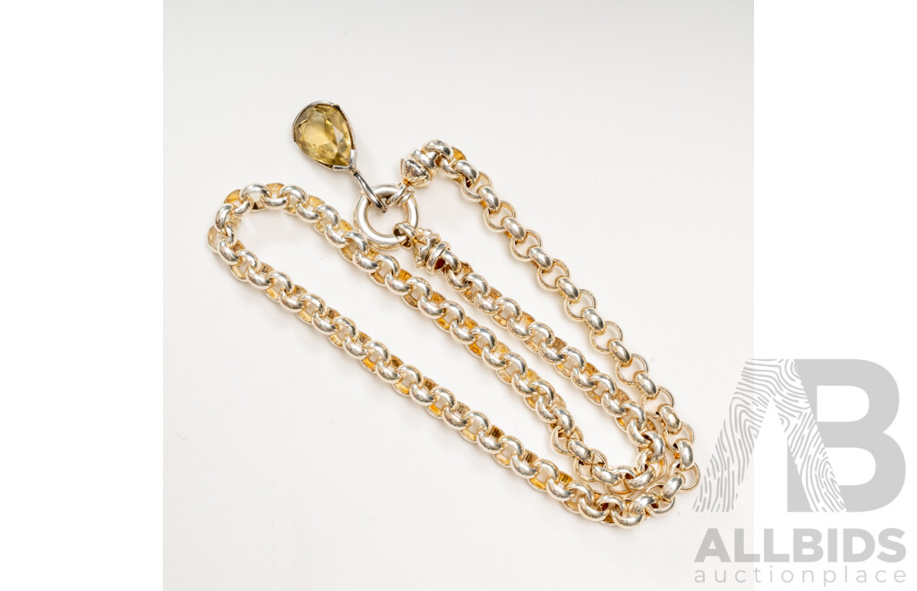 Sterling Silver Belcher Link Necklace, 42cm, with Bolt Ring Clasp, with Citrine Pendant, 60.12 Grams
