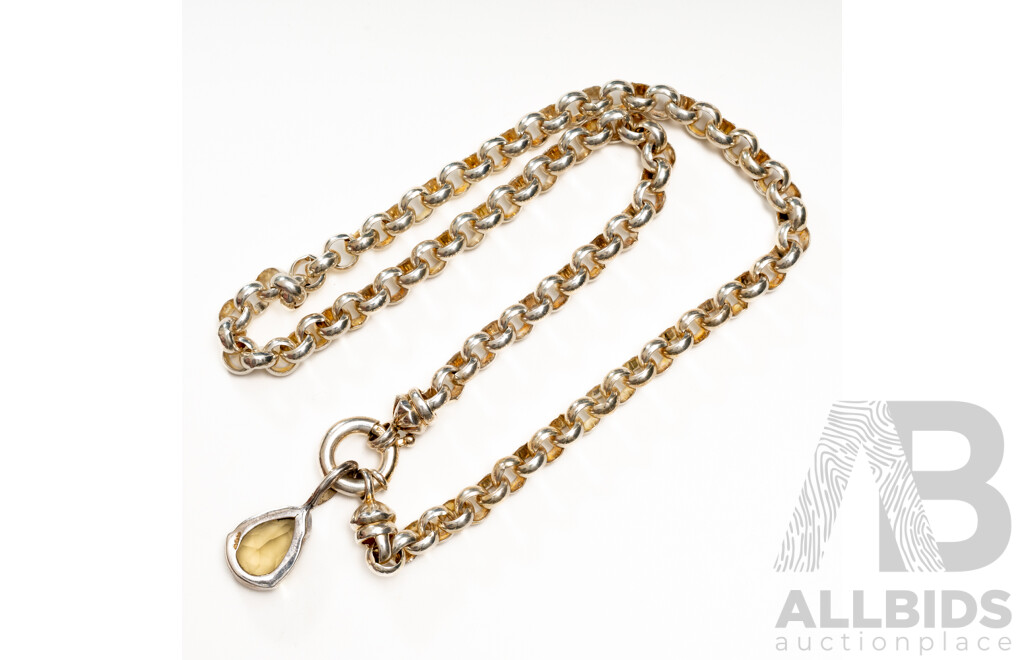 Sterling Silver Belcher Link Necklace, 42cm, with Bolt Ring Clasp, with Citrine Pendant, 60.12 Grams