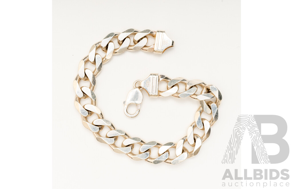 Sterling Silver Italian Flat Curb Link Mens Bracelet, 24.7cm Long, 63.21 Grams