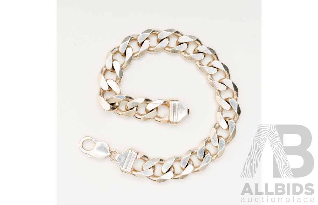 Sterling Silver Italian Flat Curb Link Mens Bracelet, 24.7cm Long, 63.21 Grams