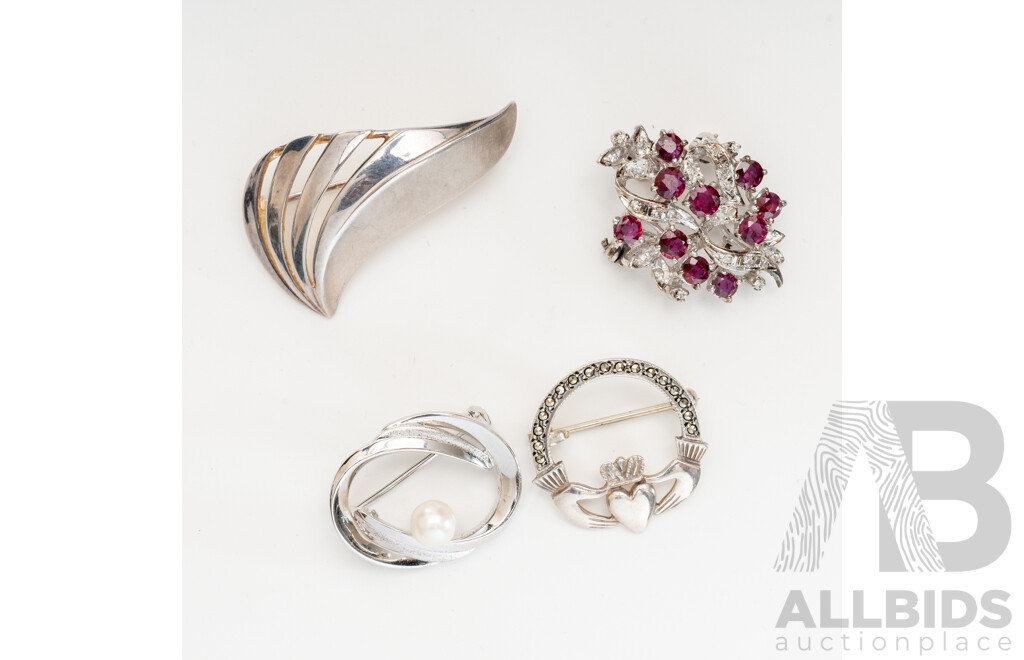 Sterling Silver (4) Vintage Brooch Collection, 15.17 Grams