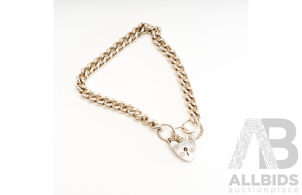 Sterling Silver Curb Link Heart Padlock Bracelet with Safety Chain, 19cm, 28.53 Grams
