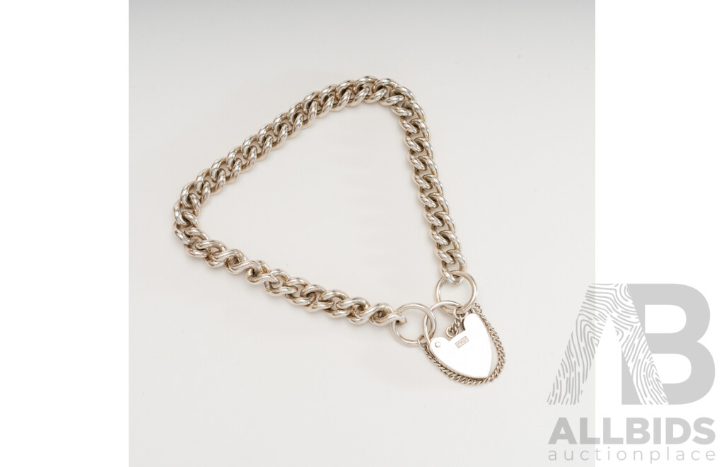 Sterling Silver Curb Link Heart Padlock Bracelet with Safety Chain, 19cm, 28.53 Grams