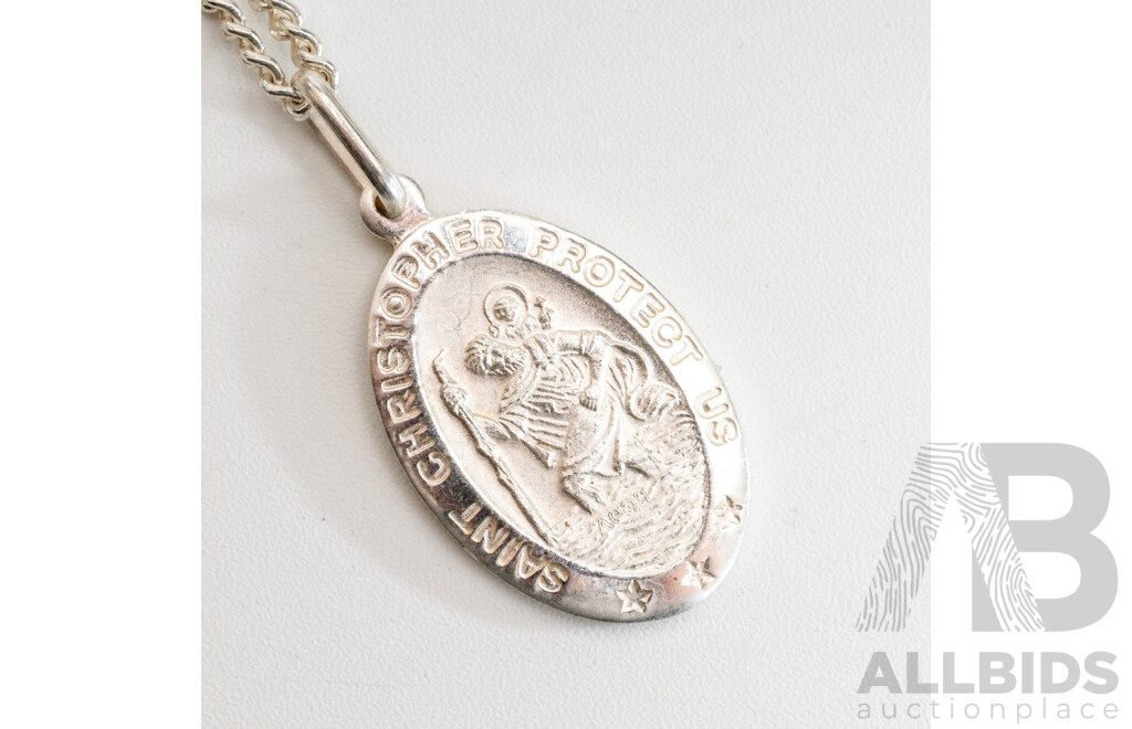 Sterling Silver St Christopher Medallion on Curb Link Chain, 70cm, 11.93 Grams - as New