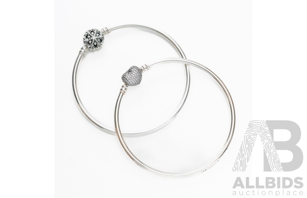 Pandora Moments Sterling Silver (2) Bangles with Pave Cz Heart Clasp & Cz Snowflake Clasp, 19.15 Grams