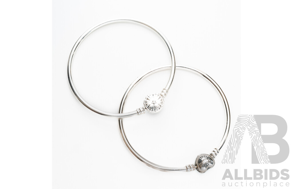 Pandora Moments Sterling Silver (2) Bangles with Pave Cz Heart Clasp & Cz Snowflake Clasp, 19.15 Grams